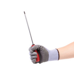 Hand in glove with screwdriver.