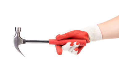 Man hand in glove holds hammer.
