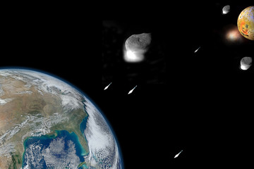 Asteroid War - World powers attempt to destroy incoming asteroids. The Moon is already destroyed. 