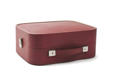 photo of an Old retro style red suitcase isolated on white background. Studio shot