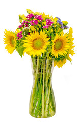 Yellow sunflowers in a transparent vase