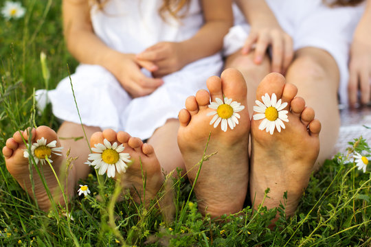 Childs feets with daisy flowers on green grass 