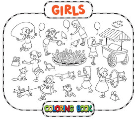 Big coloring book with playing girls