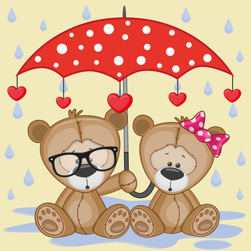 Two Teddy Bears with umbrella
