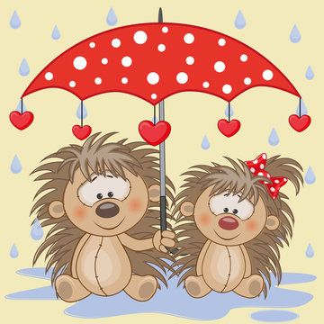 Two Hedgehogs with umbrella