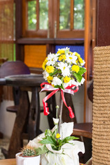 flowers pots decoration on wooden table