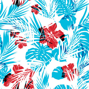 Bright seamless summer tropical pattern with palm tree leaves