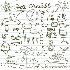 Hand drawn sketch sea cruise doodles vector illustration of Travel and summer elements, on paper notebook