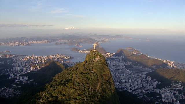 Wide angle aerial view of Christ the Redemeer Statue, Rio de Janeiro, Brazil