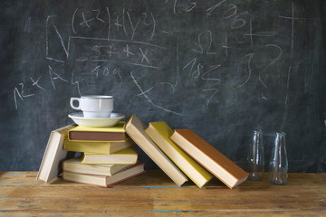 books, cup of coffee, black board, education, learning ,science
