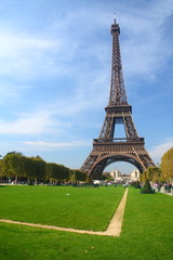 Eiffel tower on a green field in Paris