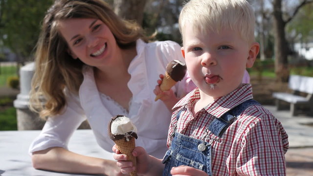 Mother and daughter eating ice cream