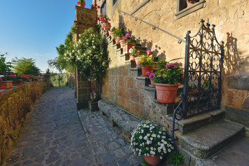 Fototapeta na wymiar Stairs with colorful flowers in a Tuscan old town