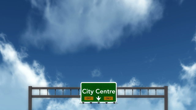 Passing under City Centre Exit Only Concept Highway Road Sign
  