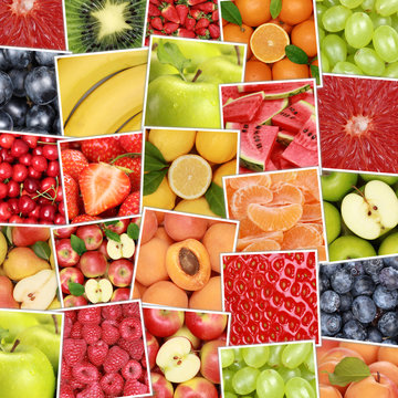 Früchte Frucht und Obst Hintergrund mit Apfel, Orange, Zitrone