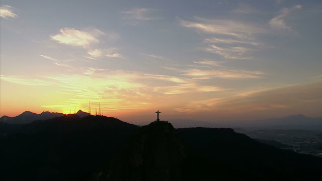 Wide Angle Aerial view of Christ the Redemeer Statue at Sunset, Rio de Janeiro, Brazil