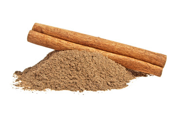 Cinnamon stick and powder on white background