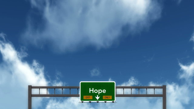 Passing under Hope Exit Only Concept Highway Road Sign
  