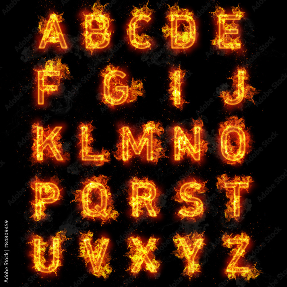 Wall mural fire font text all letters of alphabet on black background