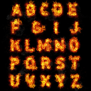 Fire font text all letters of alphabet on black background
