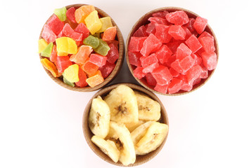 Dried pineapple(candied fruits) and dried bananas in a circular