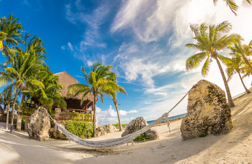 Vacation in Mexico on beautiful tropical paradise sandy beach with blue sky and palm trees in sunny day. Xcaret park	