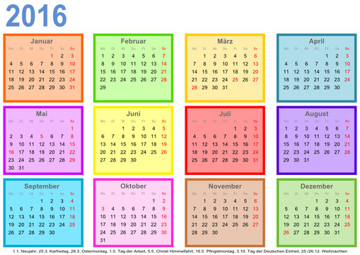 Kalender 2016 mit bunten Monatsfeldern und Feiertagen für Deutschland
