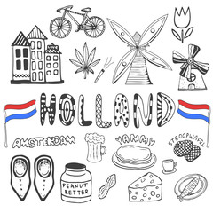 Doodle hand drawn collection of Holland icons. Netherlands