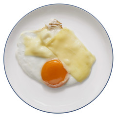 Sunny Side Up Egg in Porcelain Plate, Isolated on White Background.
