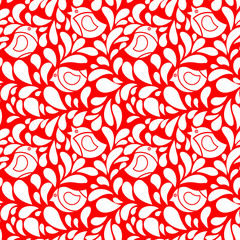 Seamless floral pattern with birds. Spring birds seamless pattern. White texture on red background. Vintage pattern with little birds