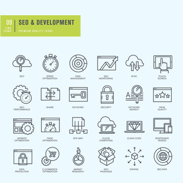 Thin line icons set. Icons for seo, website and app design and development.    