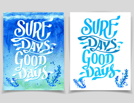 Surf days, good days. Set of vector watercolor surfing greeting cards