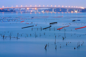 Mussel farms and bridge Punta Penna, Taranto, Italy © dancar