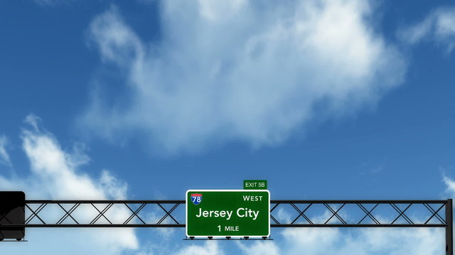 Passing under Jersey City USA Interstate Highway Road Sign
  