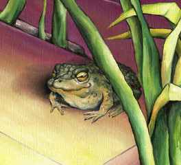 Big toad on the background of the picturesque reeds Green toad, depicted in oil on canvas. © marvalens