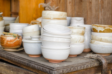 Fototapeta na wymiar Set of white ceramic bowls.