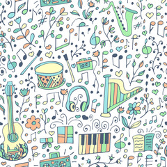 Vector seamless musical pattern, hand drawn doodles