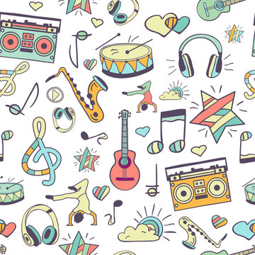 Vector seamless musical pattern, hand drawn doodles