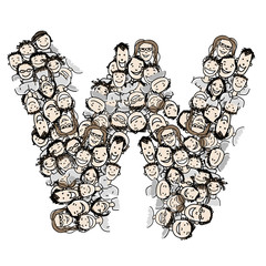 Letter W, people crowd, vector alphabet design