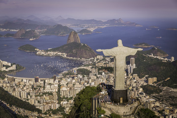 Rio de Janeiro, Brazil : Aerial view of Christ and Botafogo Bay