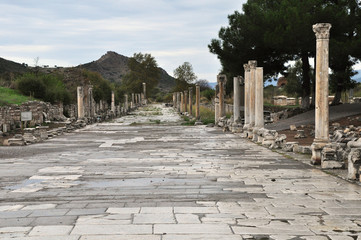 The famous Harbor street of Ephesus. Paved in marble and lined with sculpted columns, the...