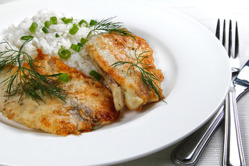 Fried fish with rice on the white plate