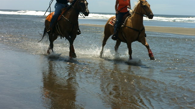 Couple riding horses on beach, slow motion