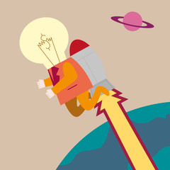 Businessman with light bulb on head in rocket