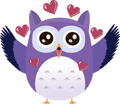 Cute vector purple owl falling in love with hearts