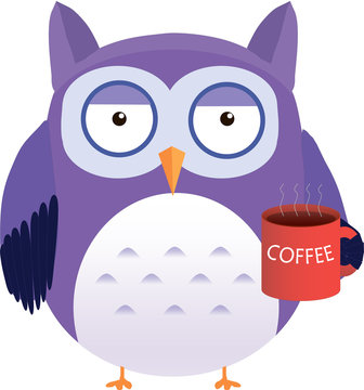 Sleepy cute vector purple owl with coffee mug