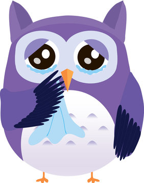 Crying cute vector purple owl with handkerchief