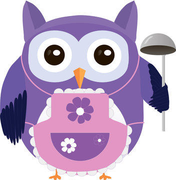 Cute vector purple owl cooking in apron with ladle