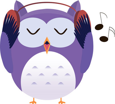 Cute vector purple owl listening to music on red headphones