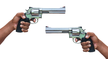 hand holding revolvers on isolate white background